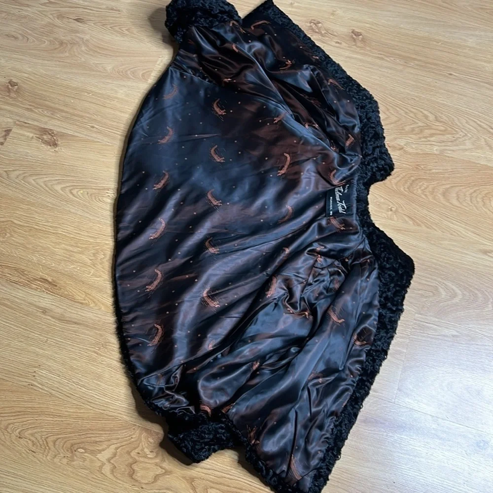 Vintage Sz 4-10 Open Black Persian Lamb Cape Jacket Front Hooks Flowy Back